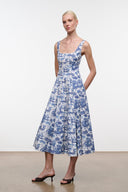 Blue toile print midi sundress with square neckline and flared skirt