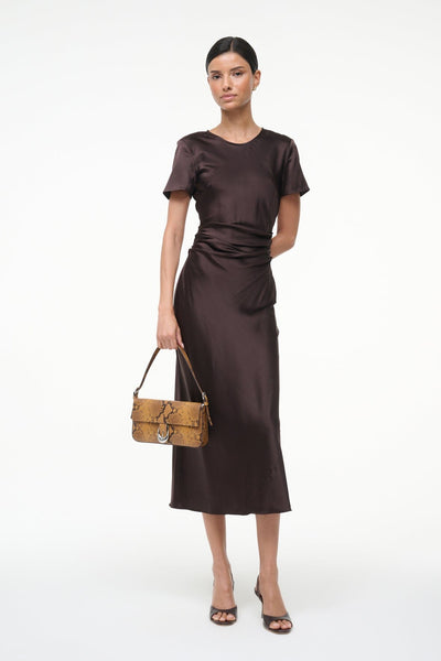 freda silk dress earth Staud Frida Gathered Silk Cowlneck Gown
