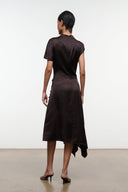 Dark brown silk midi dress back view with high neck and draped asymmetric hem