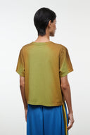 Back view of faded moss green crewneck short-sleeve tee shirt