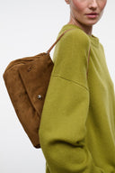 Cigar brown suede crossbody bag with flap and snap, short top handles
