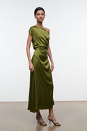 Phare silk dress, dark olive, one-shoulder drape, ruched waist, midi length