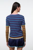 Multicolor striped long-sleeve tee with crew neck, blue and pink body, yellow sleeve stripes