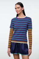 Multicolor striped tee with crew neck, navy/pink striped body and yellow striped sleeves