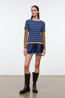 Multicolor striped tee with crew neck and banded hem, blue/pink stripes and yellow sleeves