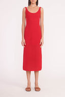 Ruby red sleeveless midi dress, scoop neckline and straight hem