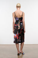 Silk midi dress with thin spaghetti straps, butterfly print, open back, multicolor fuchsia tones