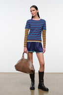 Multicolor striped tee with crew neck and contrast trim, blue/pink stripes with yellow sleeves