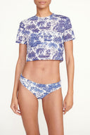 Blue toile print cover-up top with short sleeves and crew neckline