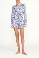 Blue toile pajama shorts with elastic waist and relaxed fit