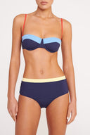 High-rise bikini bottom in navy with light colorblock waistband stripe
