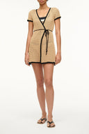 Crochet coverup dress with V-neck, tie waist, short sleeves, black trim