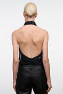 MONAY black beaded bodysuit, open back and low scoop neckline