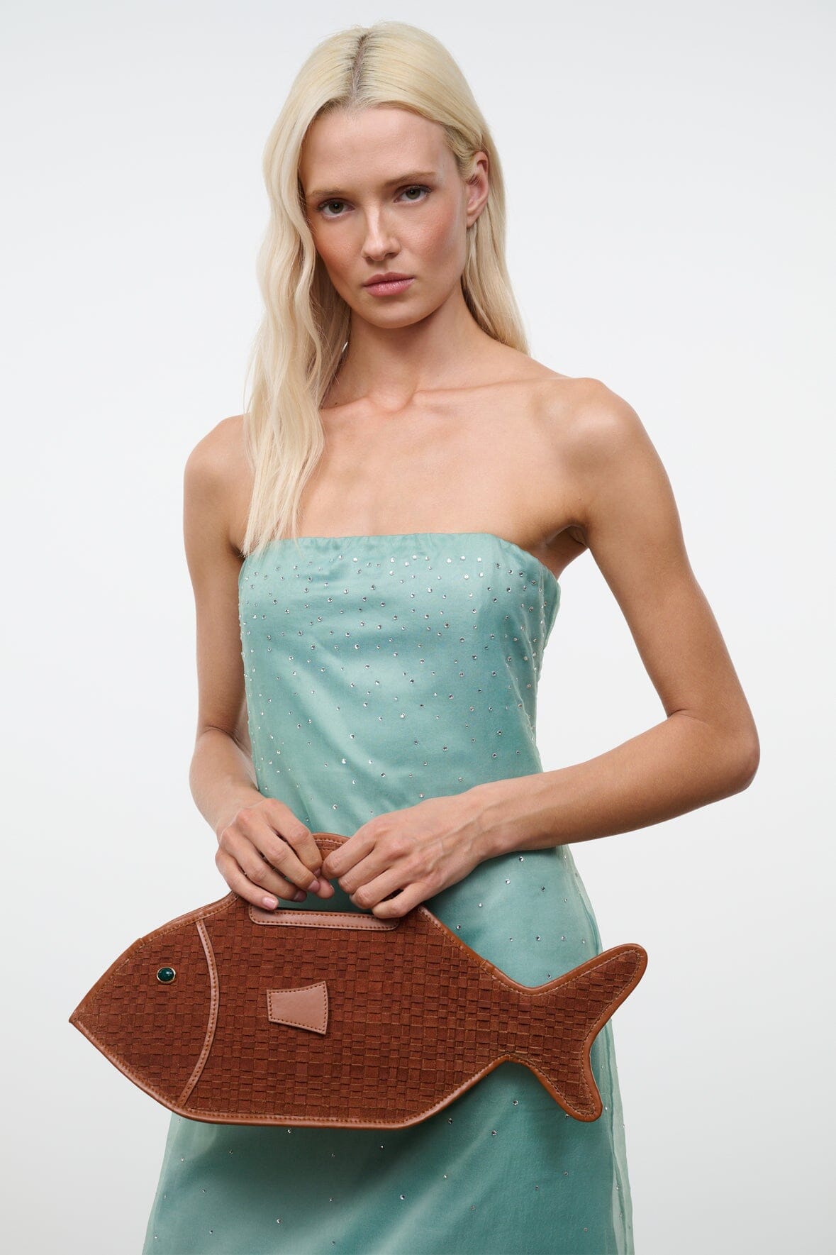 staud fish dress Women's Vegetable-print Fishtail-hem Linen Midi 4 The Cleo Fish Bag in Tabac features a woven suede handheld in the shape of a fish STAUD Evangeline Silk Dress |