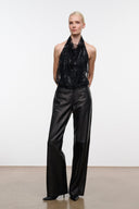 MONAY black beaded halter bodysuit with high neckline and draped bead trim