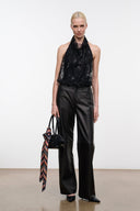 MONAY black beaded halter bodysuit, sleeveless design with textured sparkle