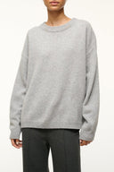 Heather gray cashmere relaxed crew sweater with ribbed cuffs and hem