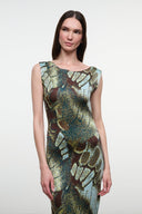 Sleeveless midi sheath dress with butterfly-moss patterned print in green and brown