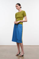 Blue midi skirt with olive waistband and side stripe; drawstring elastic waist.