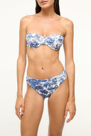 Blue toile balconette bikini top with underwire and center bow detail
