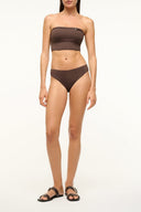 Dark chocolate bikini bottom with high-cut sides and smooth, minimal coverage