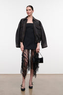 Black strapless dress with fitted bodice and long lace fringe overlay