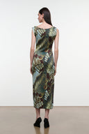 Back view sleeveless midi sheath dress with green-and-brown butterfly-moss print