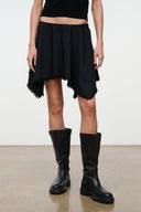 Black mini skirt with layered panels and uneven frayed hem