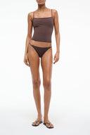 Dark chocolate tankini top with thin straps and scoop neckline