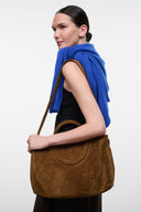 Maude satchel cigar brown suede, side logo patch and open top with curved handles
