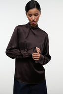 Earth-brown silk top with stand collar, button front, chest pocket detail
