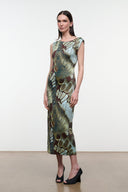 Sleeveless midi sheath dress with boat neckline and green-brown butterfly-moss print