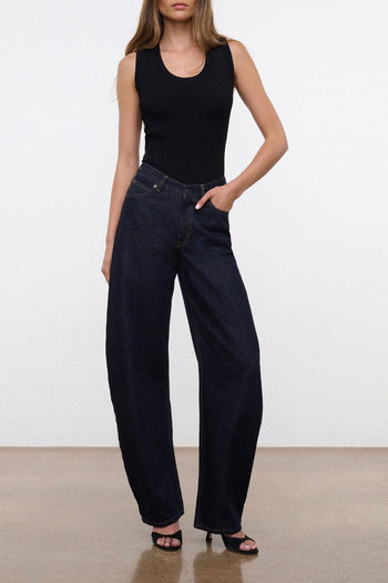 Indigo barrel jeans, wide-leg fit with front pockets and button fly