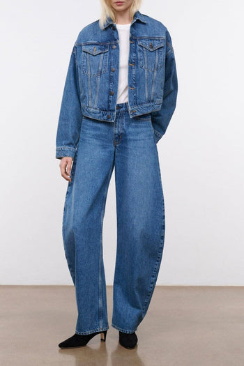 Vintage wash denim jacket with button front and chest pockets