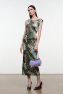Side view sleeveless midi sheath dress with green and brown butterfly-moss print