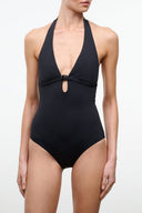 Black halter one-piece swimsuit with ring front keyhole detail