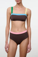 High-rise bikini bottom in dark brown with contrast waistband trim