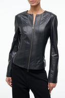 Black leather jacket with front zip closure and long sleeves