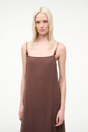 Maxi slip dress in dark chocolate brown with square neckline and beaded thin straps