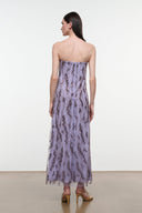 Lilac strapless maxi dress, black speckled print, sleeveless bandeau back view