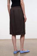 Dark brown midi skirt with elastic drawstring waist and side slit panel