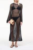 Black long-sleeve midi dress with open knit mesh and geometric pattern