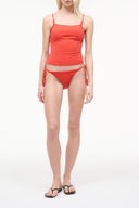 Cleo tankini top in flame red, spaghetti straps and ruched bust