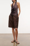 Dark brown bermuda shorts with relaxed fit and straight mid-thigh legs