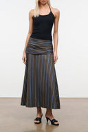 Sol skirt, dark midi with vertical blue stripes and pleated drape