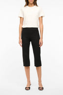Black knee-length straight pants with fitted waistband and front pockets