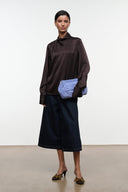 Earth-brown silk top with stand collar and button front, long sleeves