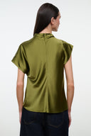 Back view of olive satin silk top with high neck and short sleeves, relaxed fit