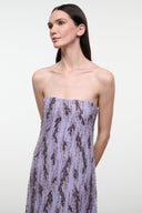 Lilac strapless bandeau maxi dress with black speckled print, front close-up
