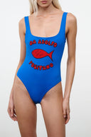 Blue one-piece swimsuit with red Positano graphic and wide straps